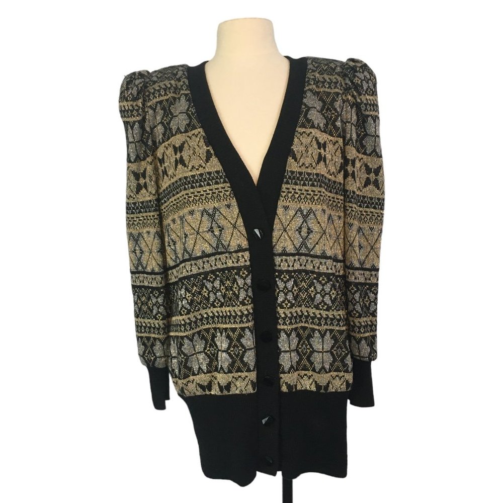 Leslie Lucks  Womens Vintage Black Metallic Cardigan Sweater,‎ Silver Gold 12